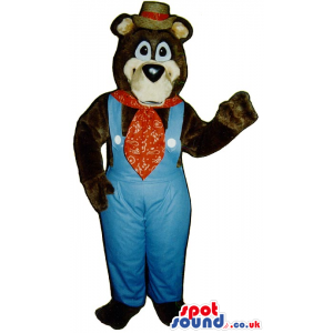 Bear Plush Mascot Wearing Blue Farmer Overalls And A Hat -
