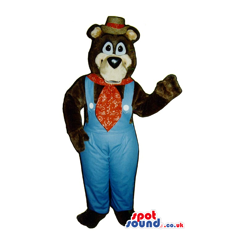 Bear Plush Mascot Wearing Blue Farmer Overalls And A Hat -