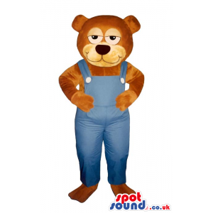 Brown Bear Plush Mascot With Sleepy Eyes, Wearing Blue Overalls