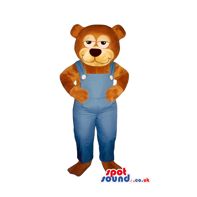 Brown Bear Plush Mascot With Sleepy Eyes, Wearing Blue Overalls