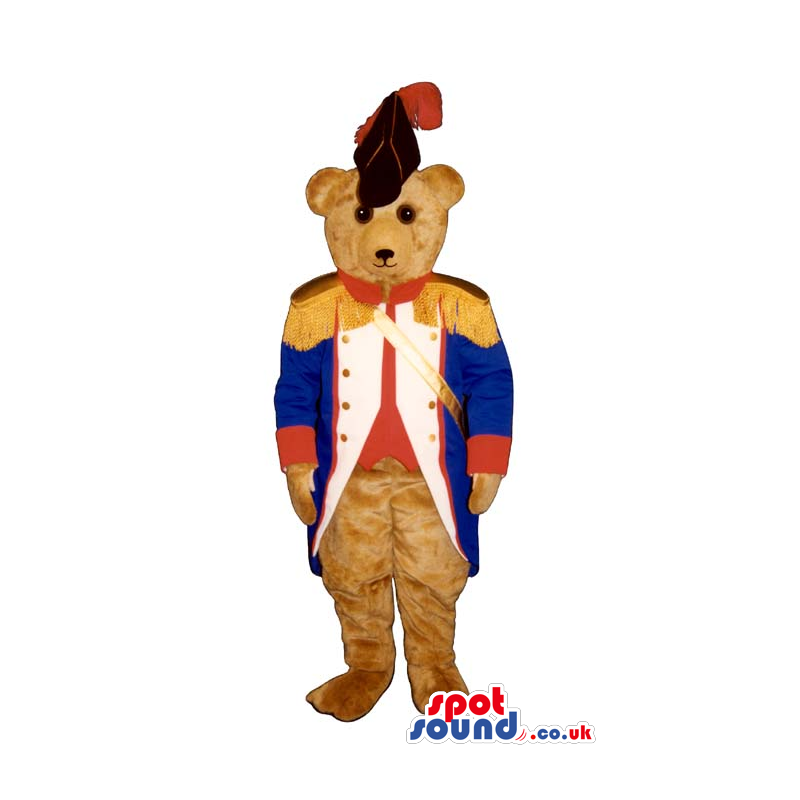 Brown Bear Plush Mascot Wearing Blue And Red Soldier Garments -