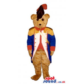 Brown Bear Plush Mascot Wearing Blue And Red Soldier Garments -