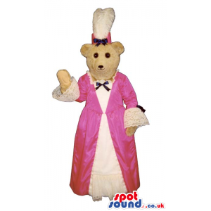 White Lady Bear Plush Mascot Wearing A Pink Old-Times Dress -