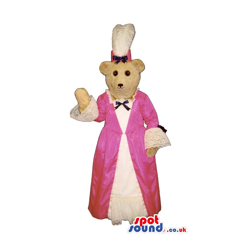 White Lady Bear Plush Mascot Wearing A Pink Old-Times Dress -