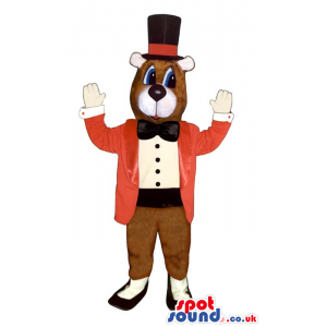 Brown Bear Plush Mascot Wearing Elegant Red And Black Clothes -