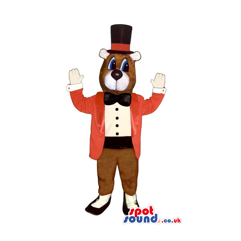 Brown Bear Plush Mascot Wearing Elegant Red And Black Clothes -