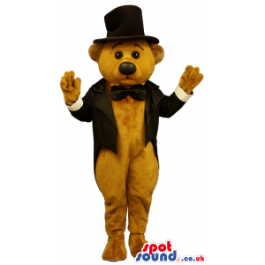 Brown Bear Plush Mascot Wearing Elegant White And Black Clothes