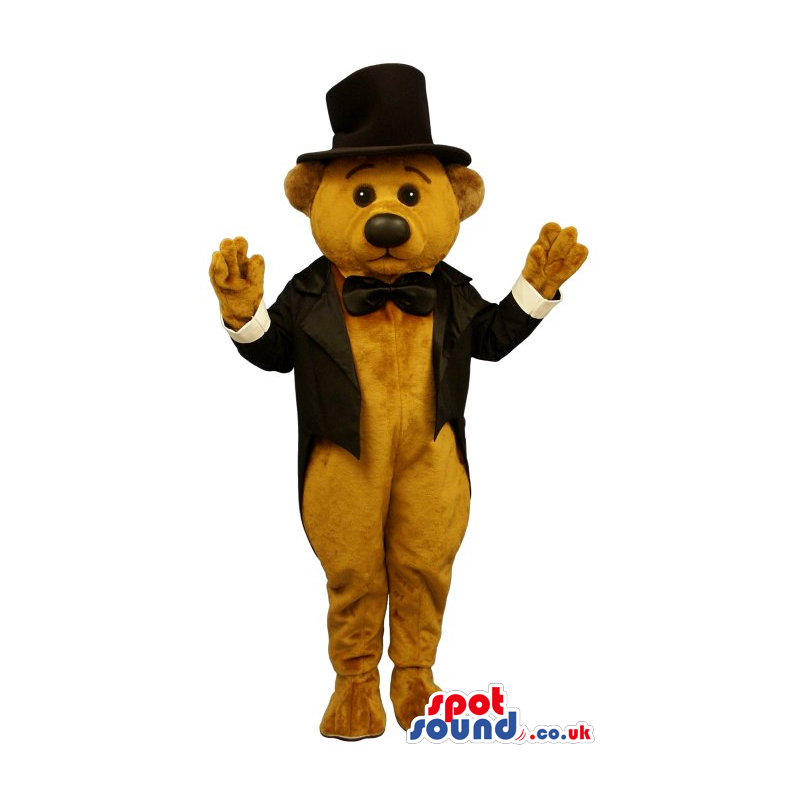 Brown Bear Plush Mascot Wearing Elegant White And Black Clothes