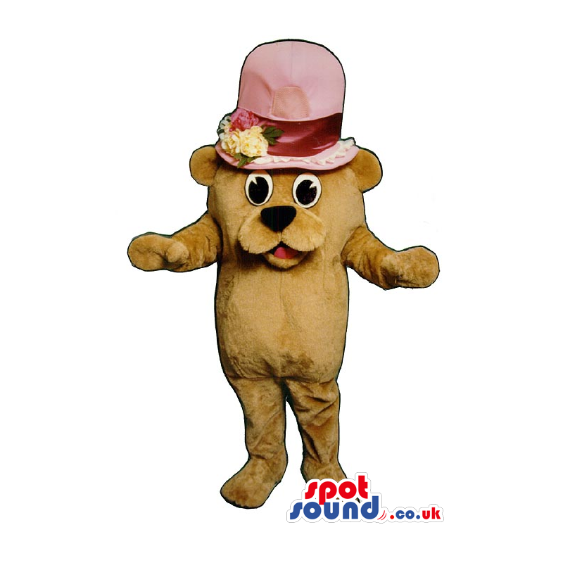 All Brown Teddy Bear Plush Mascot With A Big Pink Hat - Custom