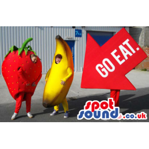 Strawberry, Banana And “Go Eat” Arrow Sign Plush Mascots -