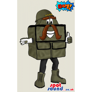 Drawing Of Green Army Bag Mascot With Helmet And Mustache -