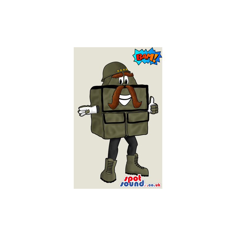 Drawing Of Green Army Bag Mascot With Helmet And Mustache -