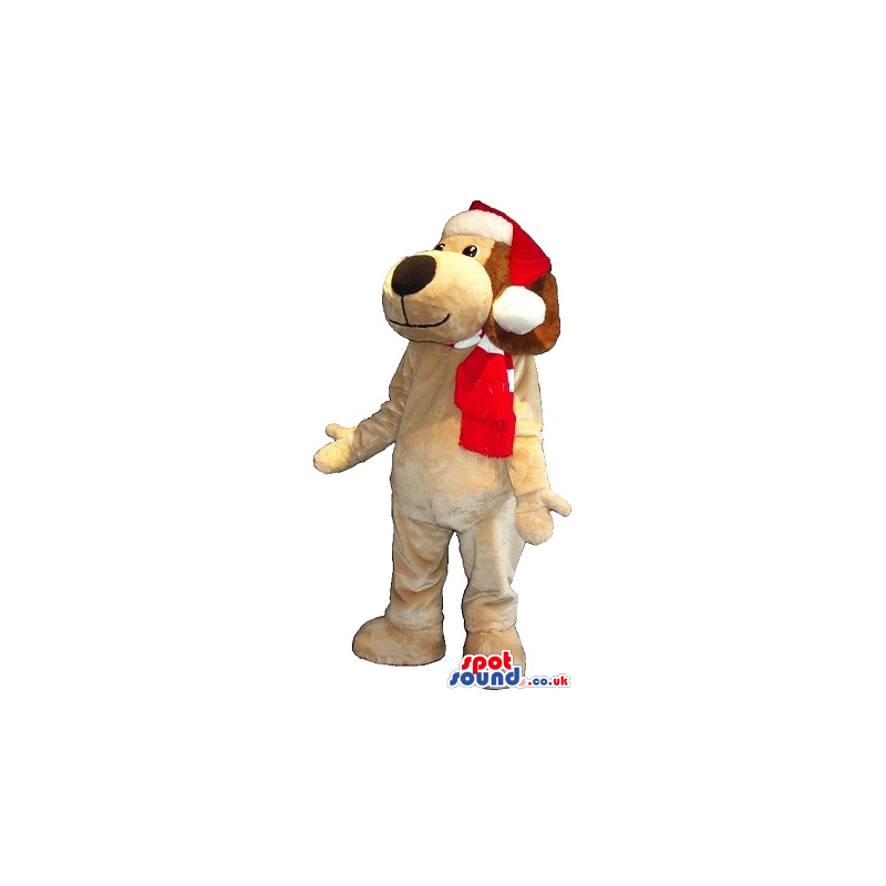 Brown Dog Plush Mascot Wearing A Christmas Santa Claus Hat -