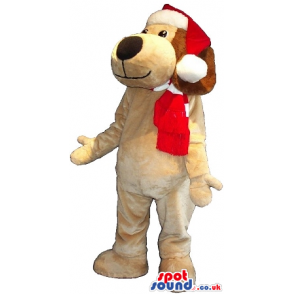 Brown Dog Plush Mascot Wearing A Christmas Santa Claus Hat -