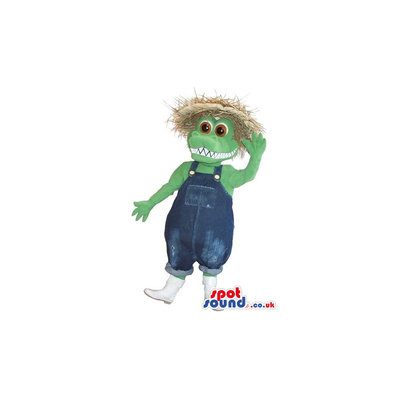 Cartoon Green Alligator Mascot Wearing Farmer Garments - Custom