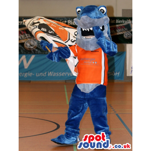 Cute Blue And Grey Shark Plush Mascot With Red Sport Shirt -