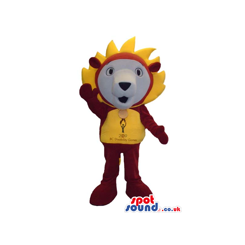 Fantasy Lion Plush Mascot Wearing A Sports T-Shirt With Logo -