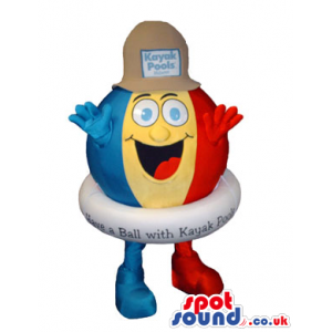 Funny Colorful Big Beach Ball Mascot With A Hat And Text -