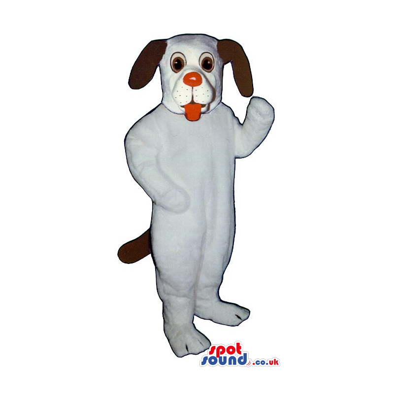 White Dog Plush Mascot With Long Black Ears And A Red Nose -