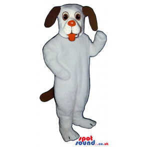 White Dog Plush Mascot With Long Black Ears And A Red Nose -