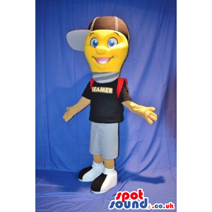 Yellow Plush Mascot Wearing A Cap, A T-Shirt And Backpack -
