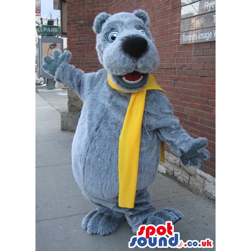 Grey Bear Plush Mascot Wearing A Long Yellow Scarf - Custom