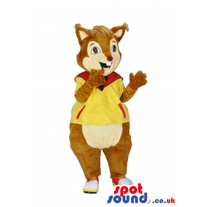 Brown Squirrel Mascot in a yellow sweater with a hood - Custom