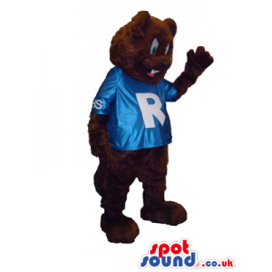 Black Bear Plush Mascot Wearing A Blue T-Shirt With Letter R -