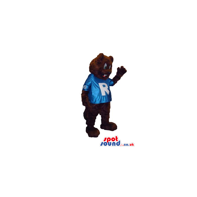 Black Bear Plush Mascot Wearing A Blue T-Shirt With Letter R -