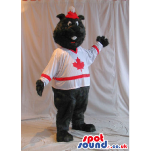 Black Bear Plush Mascot Wearing A T-Shirt With A Maple Lea -
