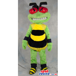 Angry Green Bee Plush Mascot With Big Red Eyes And Teeth -