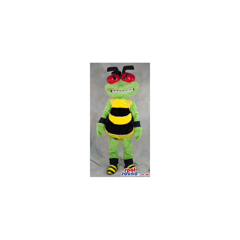 Angry Green Bee Plush Mascot With Big Red Eyes And Teeth -