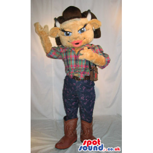 Brown Girl Cow Animal Plush Mascot Wearing Cowboy Garments -