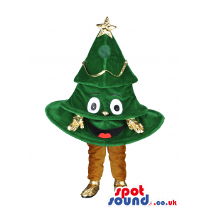 Smiling Christmas tree mascot with gold star, hands and feet -