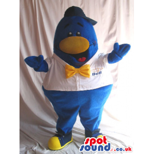 Blue And Yellow Penguin Plush Mascot Wearing A Shirt And Bow