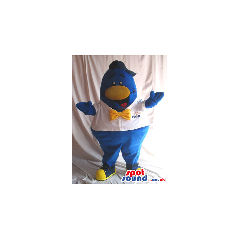 Blue And Yellow Penguin Plush Mascot Wearing A Shirt And Bow