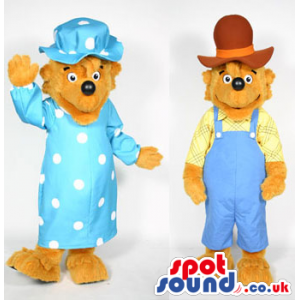 Countryside Bear Couple Mascot Wearing Yellow And Blue Clothes