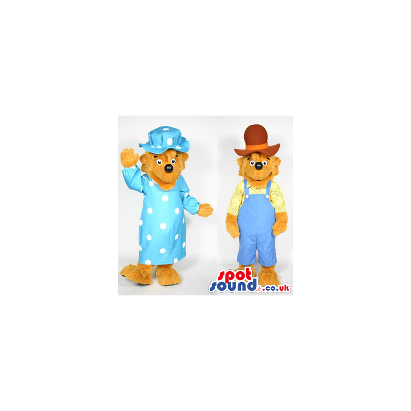 Countryside Bear Couple Mascot Wearing Yellow And Blue Clothes