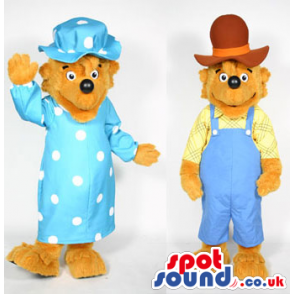 Countryside Bear Couple Mascot Wearing Yellow And Blue Clothes