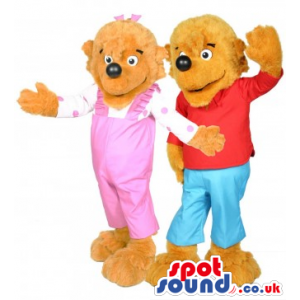 Boy And Girl Bear Couple Mascot Wearing Children Clothes -
