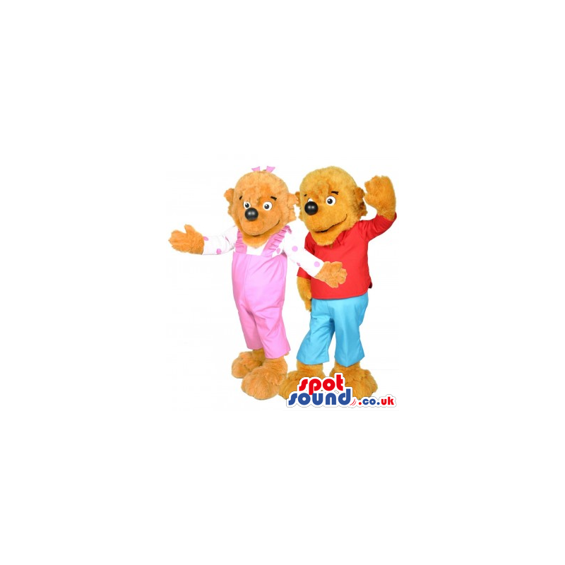 Boy And Girl Bear Couple Mascot Wearing Children Clothes -