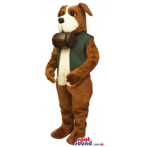 Brown Saint Bernard Dog Mascot With Barrel And Green Vest -