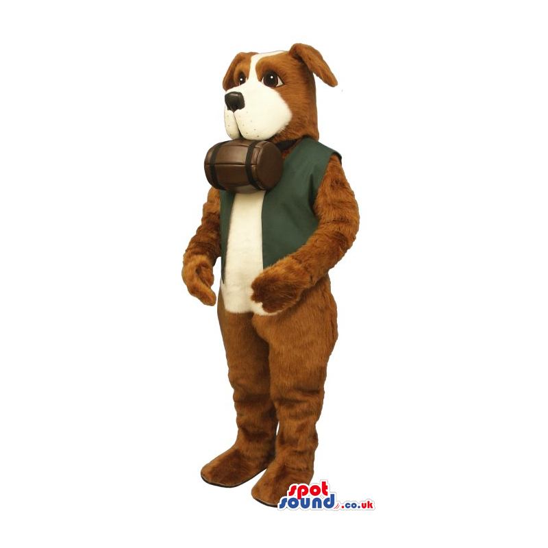 Brown Saint Bernard Dog Mascot With Barrel And Green Vest -