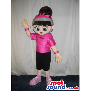 Girl Character Mascot Wearing Black And Pink Cycling Clothes -