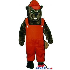 Black Chipmunk Plush Mascot Wearing Red Overalls And Cap -