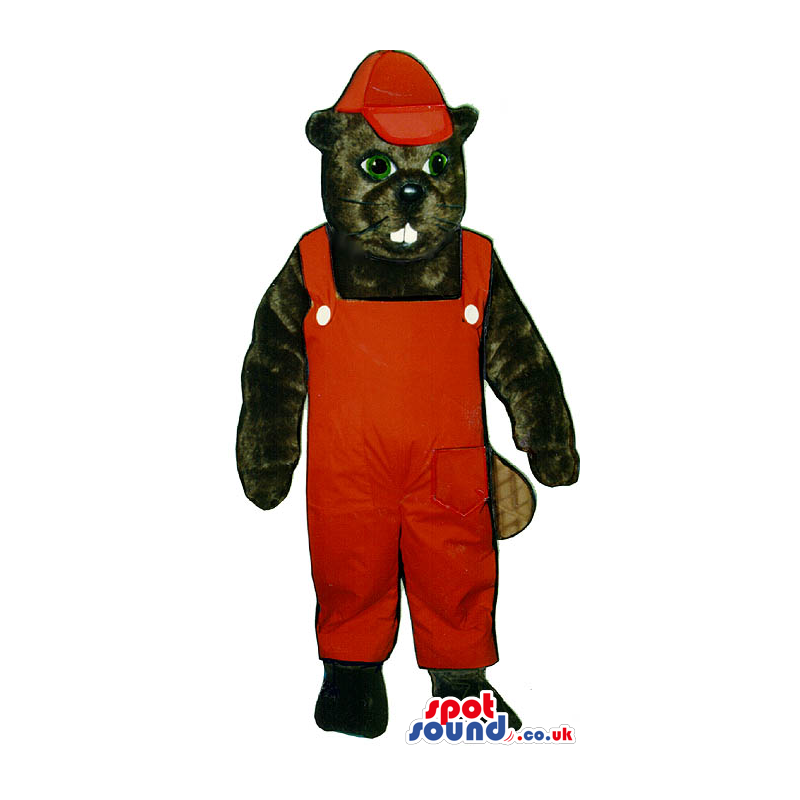Black Chipmunk Plush Mascot Wearing Red Overalls And Cap -