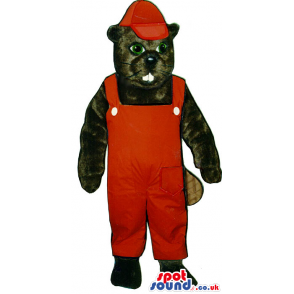 Black Chipmunk Plush Mascot Wearing Red Overalls And Cap -