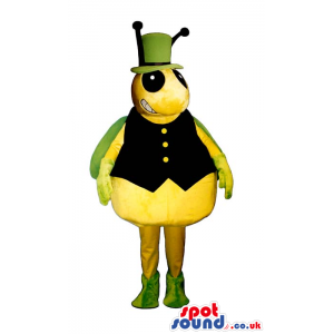 Green And Yellow Bug Plush Mascot Wearing A Black Vest - Custom