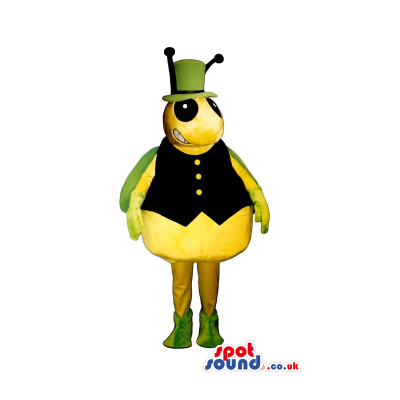 Green And Yellow Bug Plush Mascot Wearing A Black Vest - Custom
