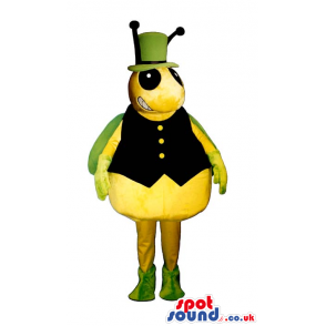 Green And Yellow Bug Plush Mascot Wearing A Black Vest - Custom